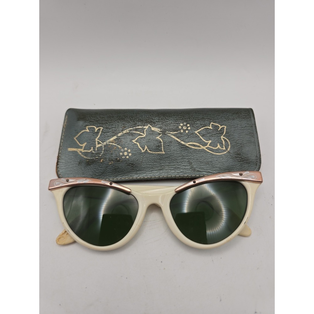 Vtg 1950s Foster Grant Cat Eye Sunglasses White Aluminum Browline Green...